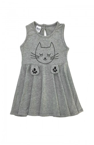 Kız Çocuk Kedi Baskılı Elbise A9603 Gri