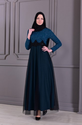 Lace Detailed Evening Dress 3833A-01 Petrol 3833A-01