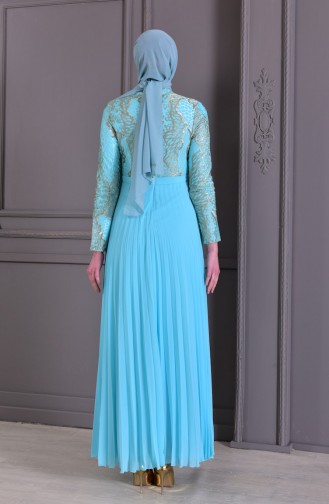 Pleated Detailed Lace Evening Dress 8384-03 Mint Green 8384-03
