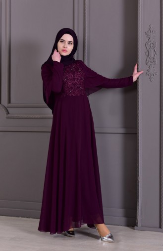 Guipure Detailed Evening Dress 8448-02 Purple 8448-02