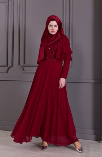 Güpür Detaylı Abiye Elbise 8448-03 Bordo