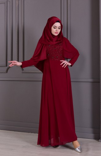 Güpür Detaylı Abiye Elbise 8448-03 Bordo