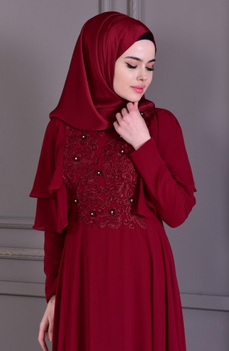 Robe de Soirée Détail Dentelle 8448-03 Bordeaux 8448-03