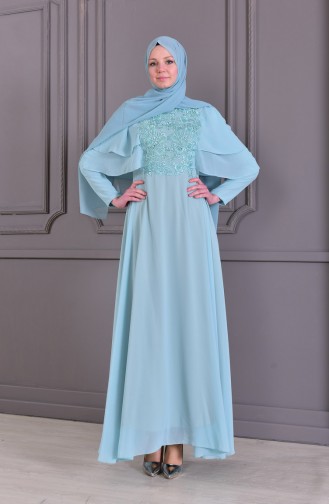 Guipure Detailed Evening Dress 8448-06 Mint Green 8448-06