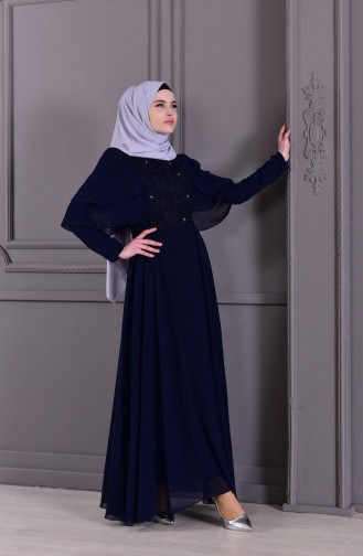 Guipure Detailed Evening Dress 8448-07 Navy 8448-07