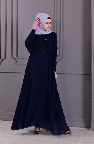 Guipure detailliertes Abendkleid 8448-07 Dunkelblau 8448-07