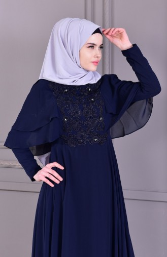 Guipure detailliertes Abendkleid 8448-07 Dunkelblau 8448-07