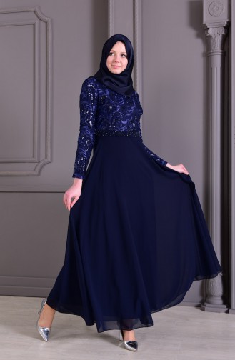 Navy Blue Hijab Evening Dress 8462-03