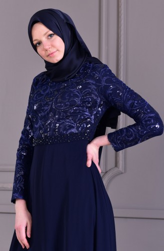 Navy Blue Hijab Evening Dress 8462-03