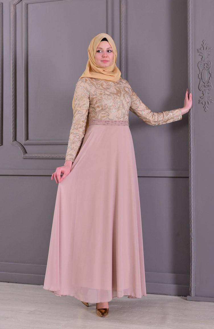 Robe de Soiree Bordee de Perles 8462 04 Beige 8462 04 Sefamerve
