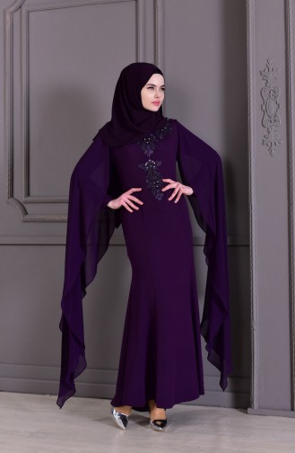 Guipure Detailed Evening Dress 8487-04 Purple 8487-04