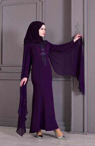 Guipure Detailed Evening Dress 8487-04 Purple 8487-04
