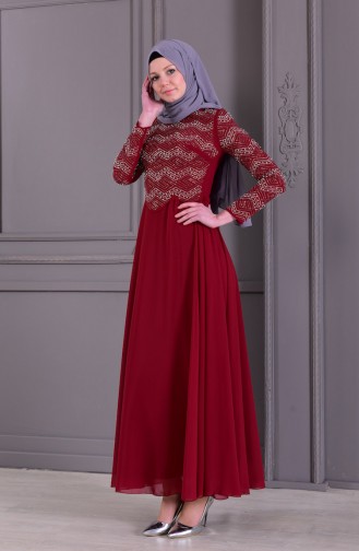 Pearls Stone Printed Evening Dress 8502-05 Bordeaux 8502-05