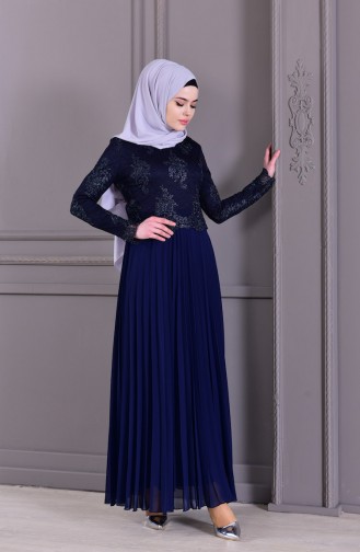 Navy Blue İslamitische Avondjurk 8504-01