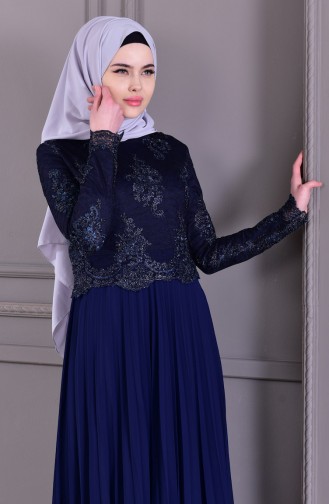 Navy Blue Hijab Evening Dress 8504-01