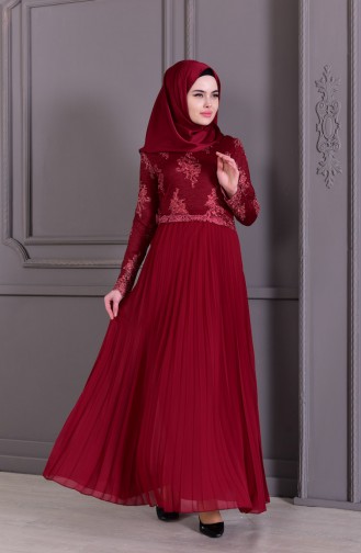 Lace Pleated Detailed Evening Dress 8504-03 Bordeaux 8504-03