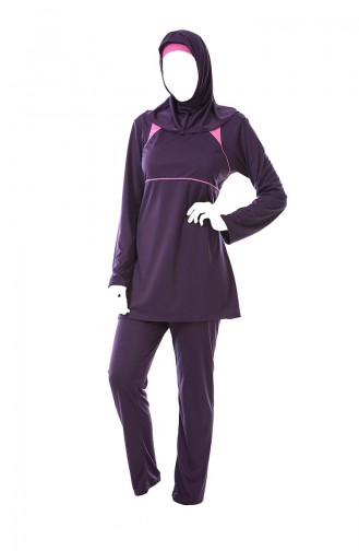 Large Size Striped Hijab Swimsuit 0322-02 Plum 0322-02