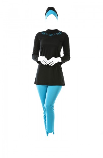 Standing Collar Hijab Swimsuit 0328-03 Black Blue 0328-03