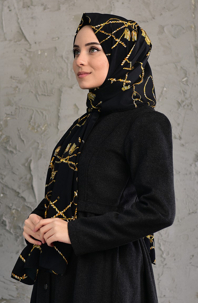 Zincir Desenli Osaka Şal 24717-01 Siyah Gold