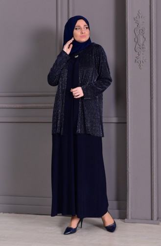 Navy Blue Hijab Evening Dress 7002-03