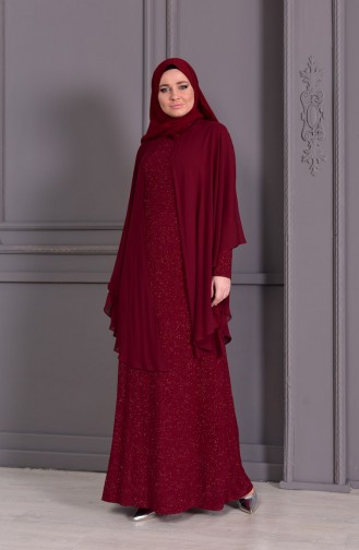 Claret Red Hijab Evening Dress 1054-04