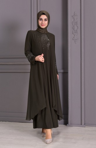 ميتيكس فستان سهرة بتصميم مُطبع بأحجار لامعة و بمقاسات كبيرة 1069-04 لون أخضر كاكي 1069-04