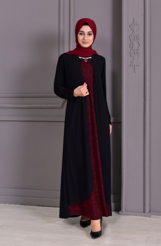 Büyük Beden Kolye Detaylı Simli Abiye Elbise 1116-03 Siyah Bordo