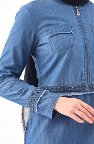 فستان جينز بتفاصيل من الدانتيل وحزام للخصر 9266-01 لون أزرق جينز 9266-01