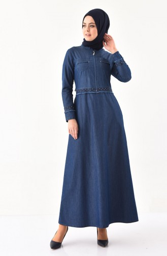 Lace Detailed Belt Jeans Dress 9266-02 Navy Blue 9266-02
