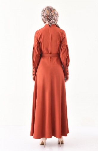 فستان بتصميم حزام للخصر 2023-02 لون قرميدي 2023-02