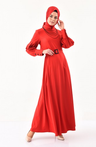 فستان بتصميم حزام للخصر 2023-05 لون أحمر 2023-05