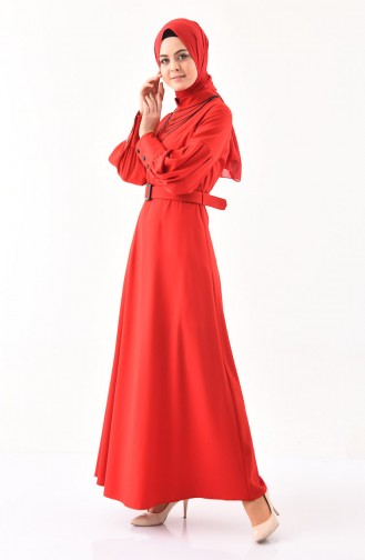 فستان بتصميم حزام للخصر 2023-05 لون أحمر 2023-05