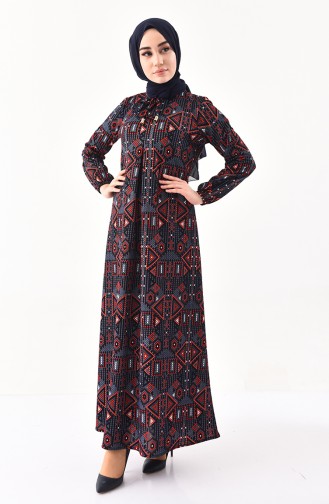 Printed A Pleat Dress 4076-04 Navy Blue Red 4076-04