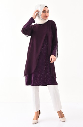Large Size Sequins Detailed Tunic 1118-02 Purple 1118-02