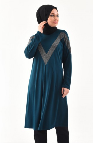 METEX Large Size Silvery Detailed Tunic 1130-07 Petrol 1130-07