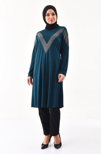 METEX Large Size Silvery Detailed Tunic 1130-07 Petrol 1130-07