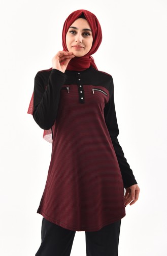 Zipper Detailed Cotton Tunic  4757-01 Black Claret Red 4757-01