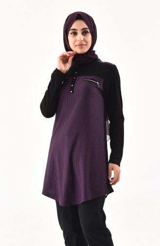 Zipper Detailed Cotton Tunic  4757-02 Black Purple 4757-02