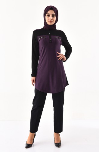 Zipper Detailed Cotton Tunic  4757-02 Black Purple 4757-02