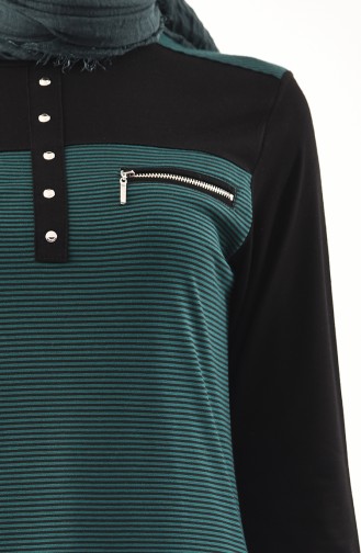Zipper Detailed Cotton Tunic 4757-04 Black Emerald Green 4757-04