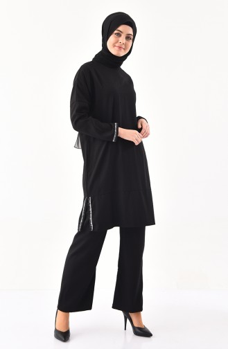 Silvery Striped Tunic Pants Binary Suit 3301-04 Black 3301-04