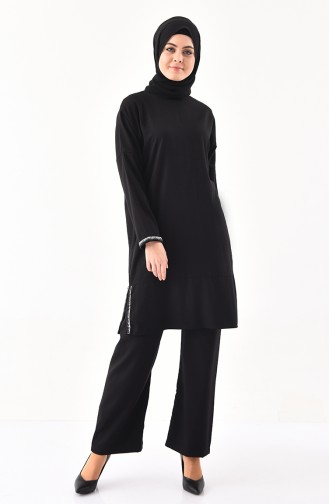 Silvery Striped Tunic Pants Binary Suit 3301-04 Black 3301-04