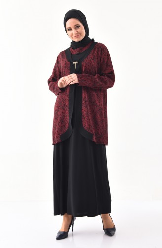 ميتيكس طقم فستان و جاكيت مُزين ببروش بتصميم مقاسات كبيرة 1110- 02 لون خمري و أسود 1110-02