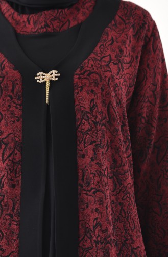 ميتيكس طقم فستان و جاكيت مُزين ببروش بتصميم مقاسات كبيرة 1110- 02 لون خمري و أسود 1110-02