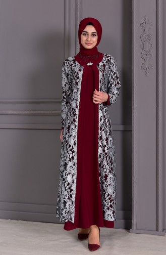 Claret Red Hijab Evening Dress 7000-01