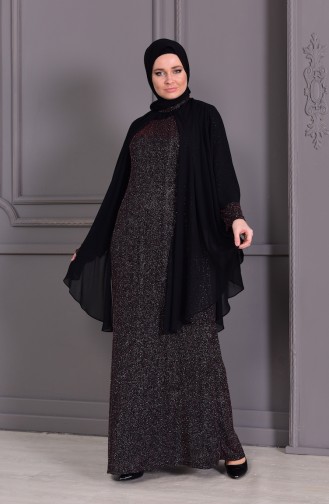Büyük Beden Simli Abiye Elbise 1054A-01 Siyah Bordo