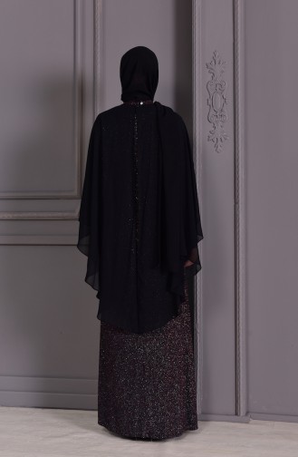 Büyük Beden Simli Abiye Elbise 1054A-01 Siyah Bordo