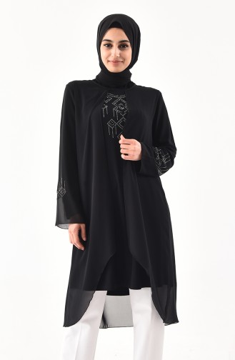 Tunique Asymétrique Imprimée de Pierre Grande Taille 1108-04 Noir 1108-04