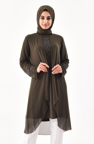 Tunique Asymétrique Imprimée de Pierre Grande Taille 1108-05 Khaki 1108-05