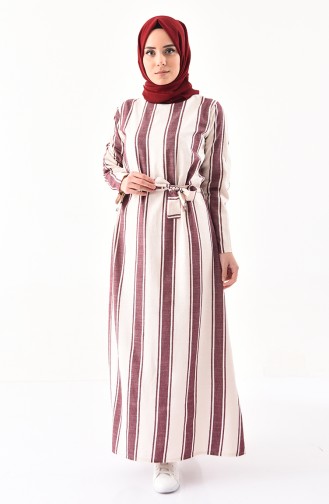 Striped Belted Dress 1326-01 light Beige Plum 1326-01